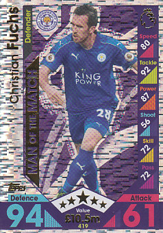 Christian Fuchs Leicester City 2016/17 Topps Match Attax Man of the Match #419